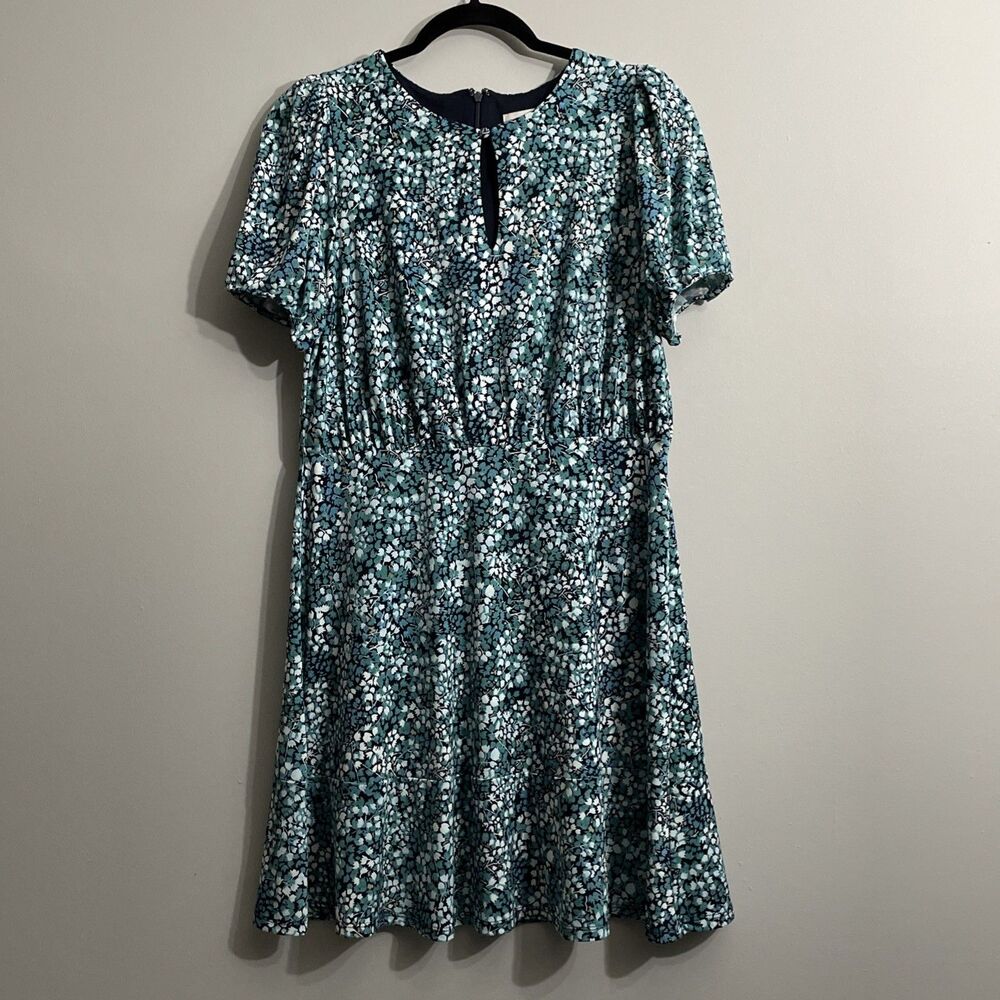 LOFT Petite 8P Floral Dress Blue Green Keyhole Neck Garden Party Spring